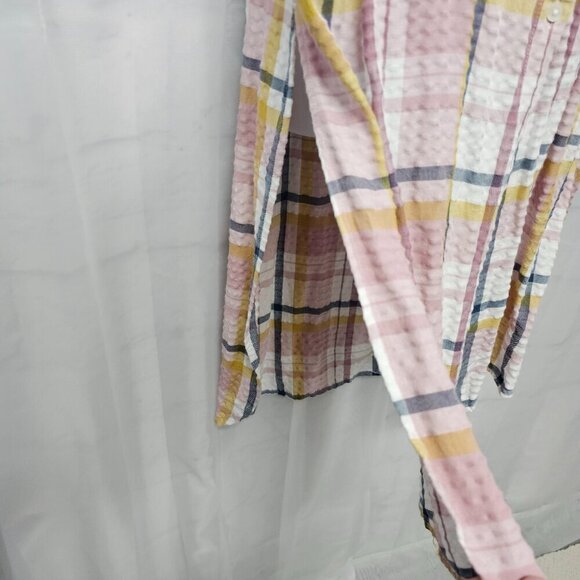 Pink Yellow Plaid Button Down Midi Shirt Dress Tunic Preppy Boho M - Picture 5 of 13